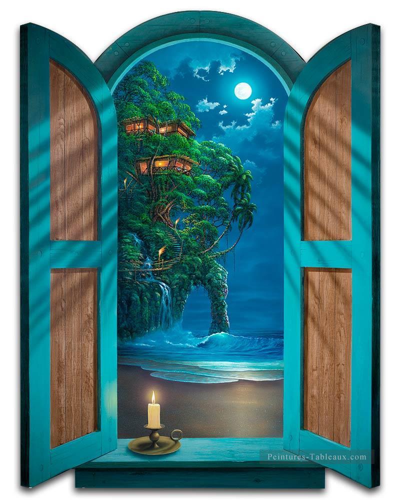Paysage marin avec Tree House 3D Magie Peintures à l'huile